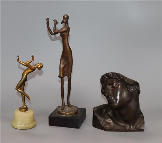 An Art Deco abstract bronze signed Kimb and a classical bronze bust tallest 28cm